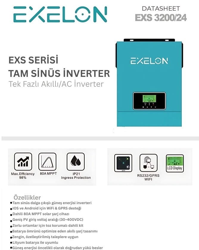 Exelon 3KW 24V Akıllı İnverter MPPT (400VDC)